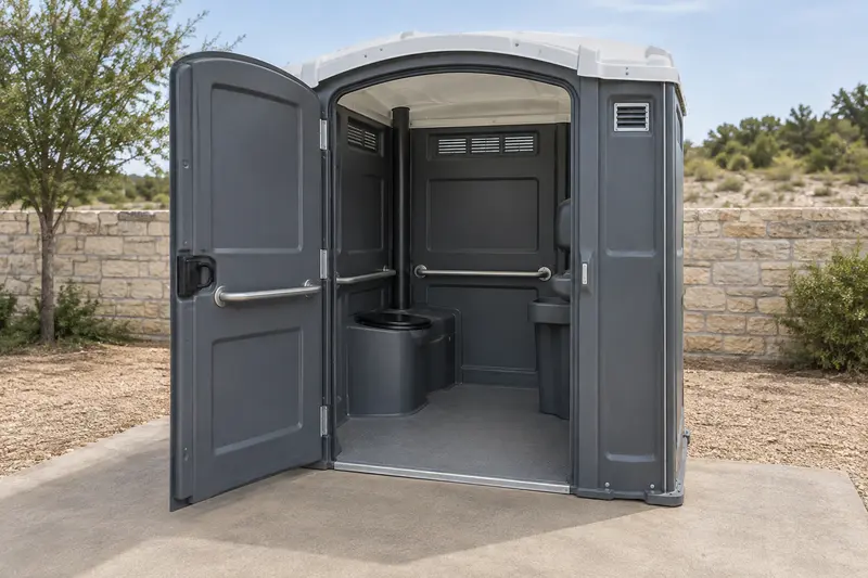 Wide-entry portable restroom cabin