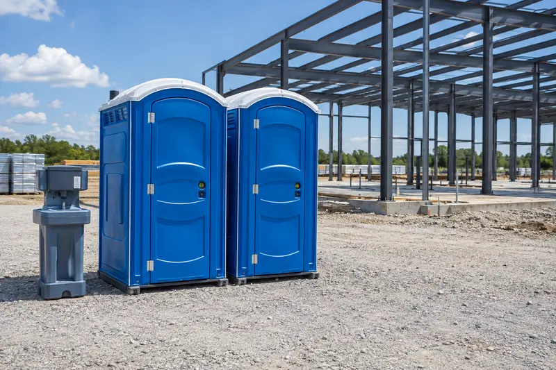 Portable toilets beside a construction site