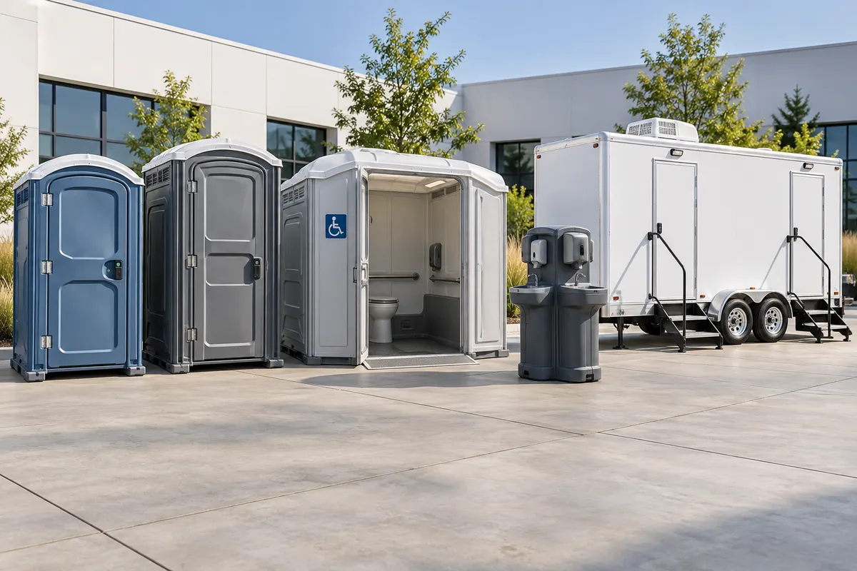 Illustrative paved courtyard lineup with portable toilets, a wide-entry unit, handwashing and a white restroom trailer