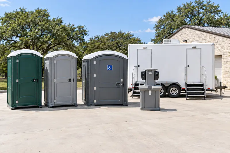 Illustrative collection of portable restroom equipment