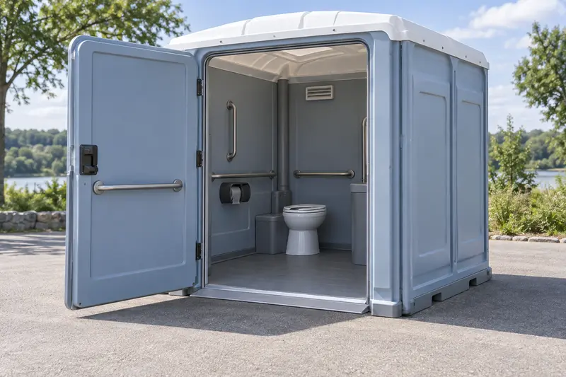 Wider portable toilet with level doorway