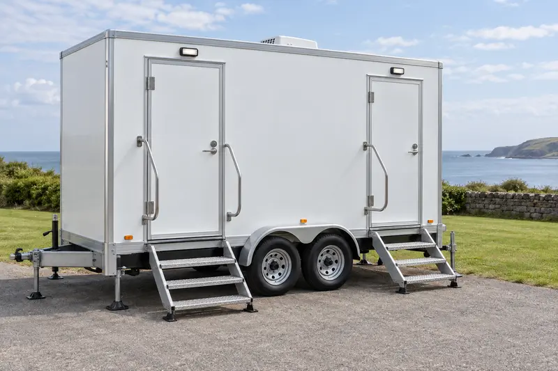 White restroom trailer with entrance stairs